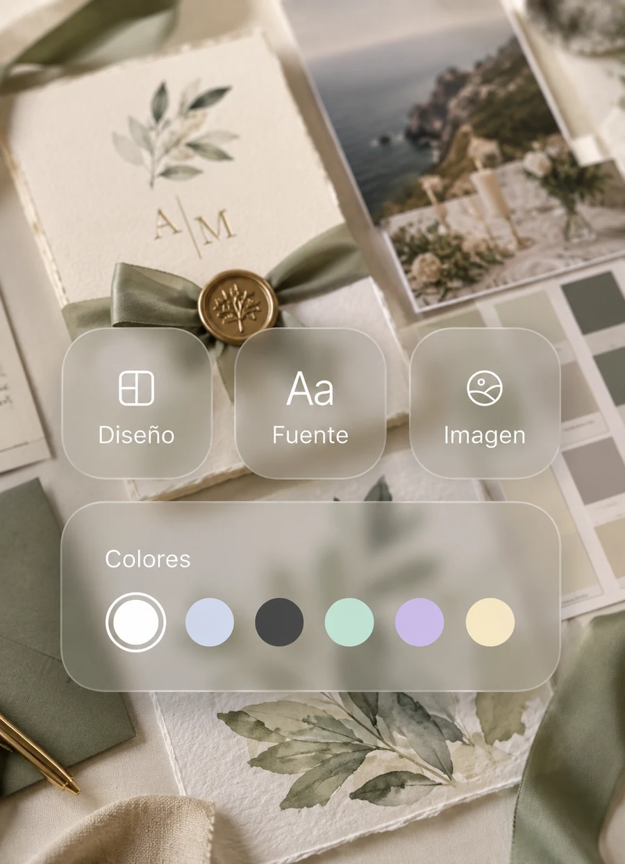 Wedding website style editor with curated fonts and color palettes.