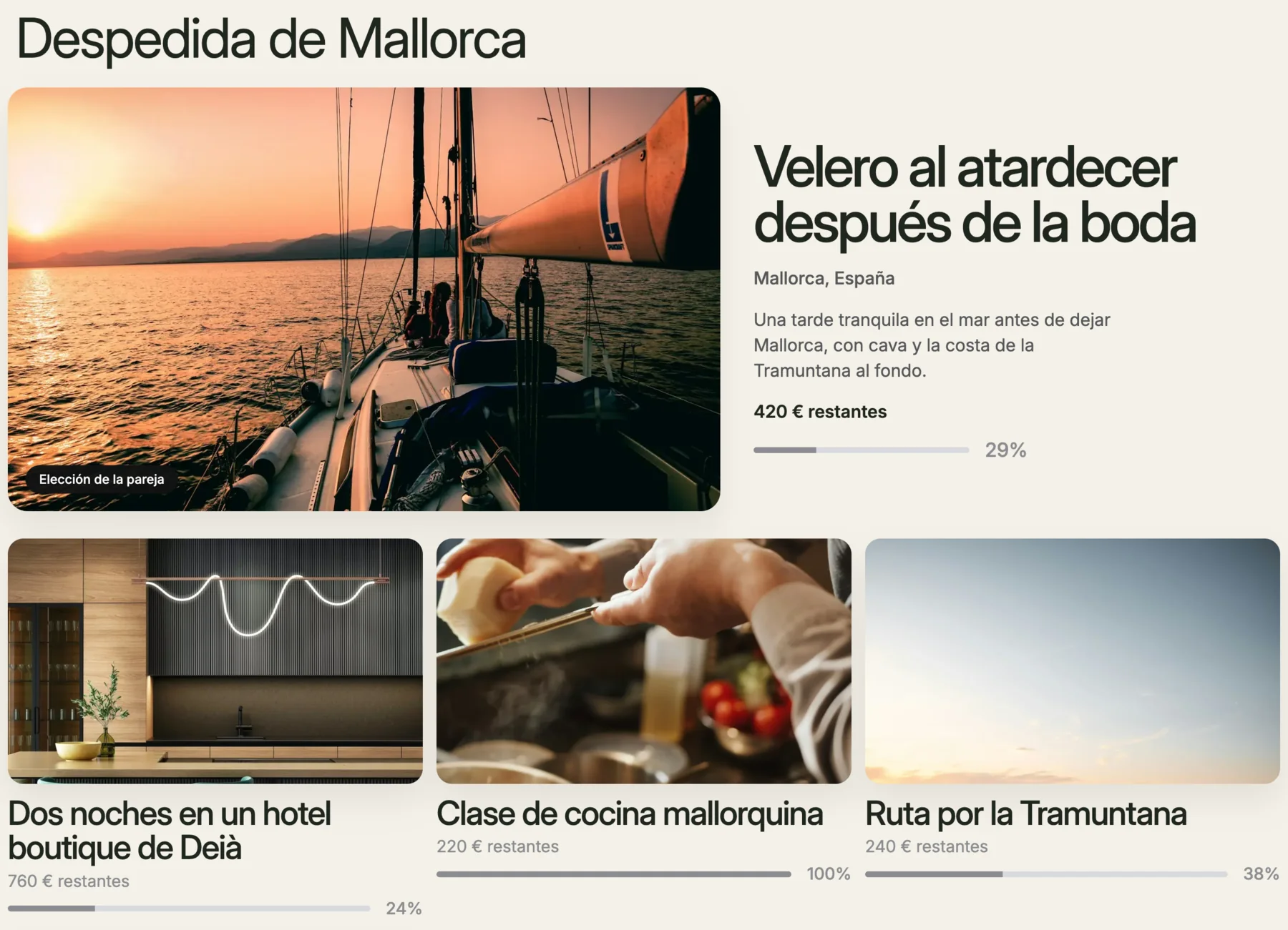 Spanish Bodaya registry page with gift cards and contribution progress.