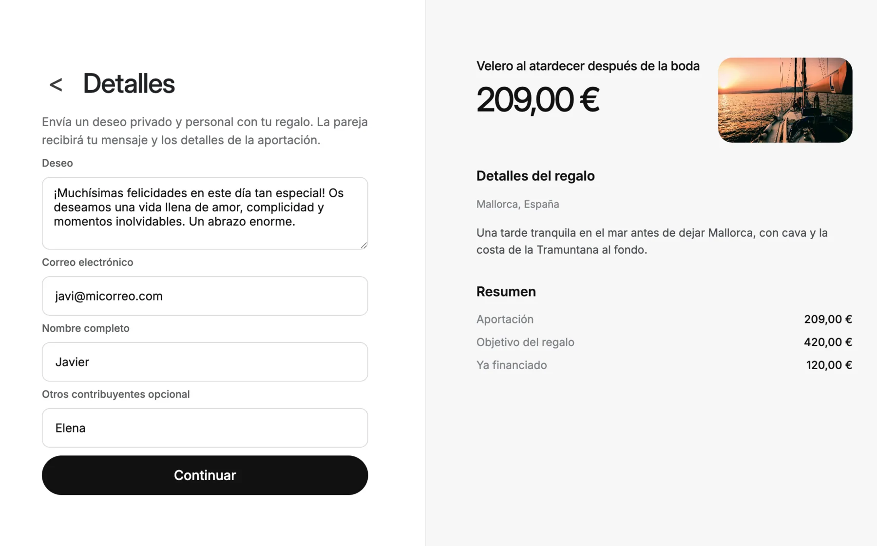 Spanish Bodaya contribution details form with a gift summary.
