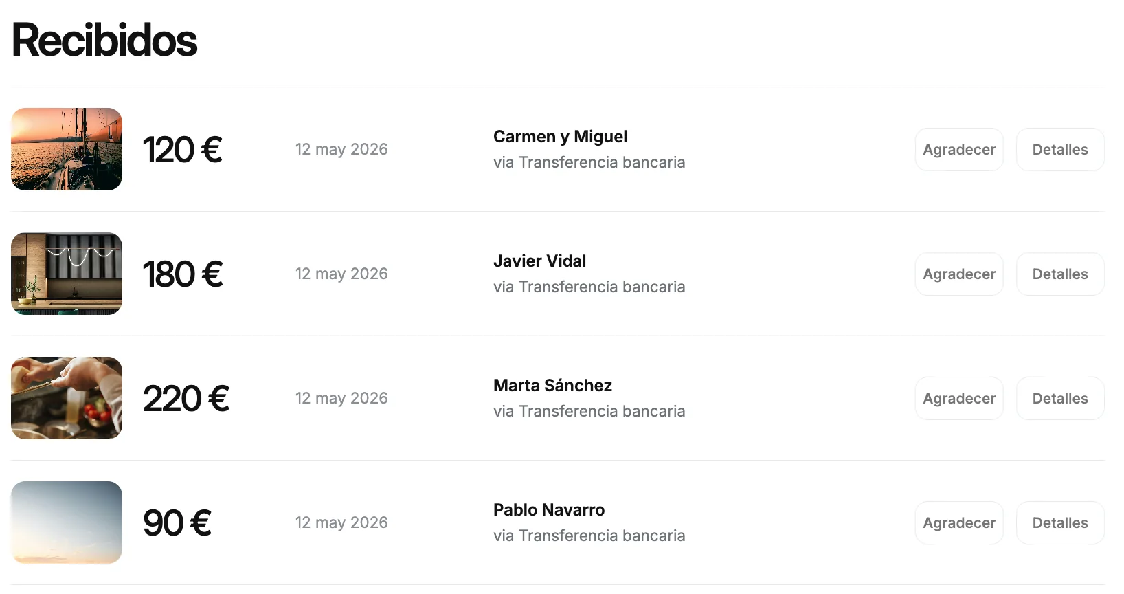 Spanish Bodaya contributions list with received gift records.