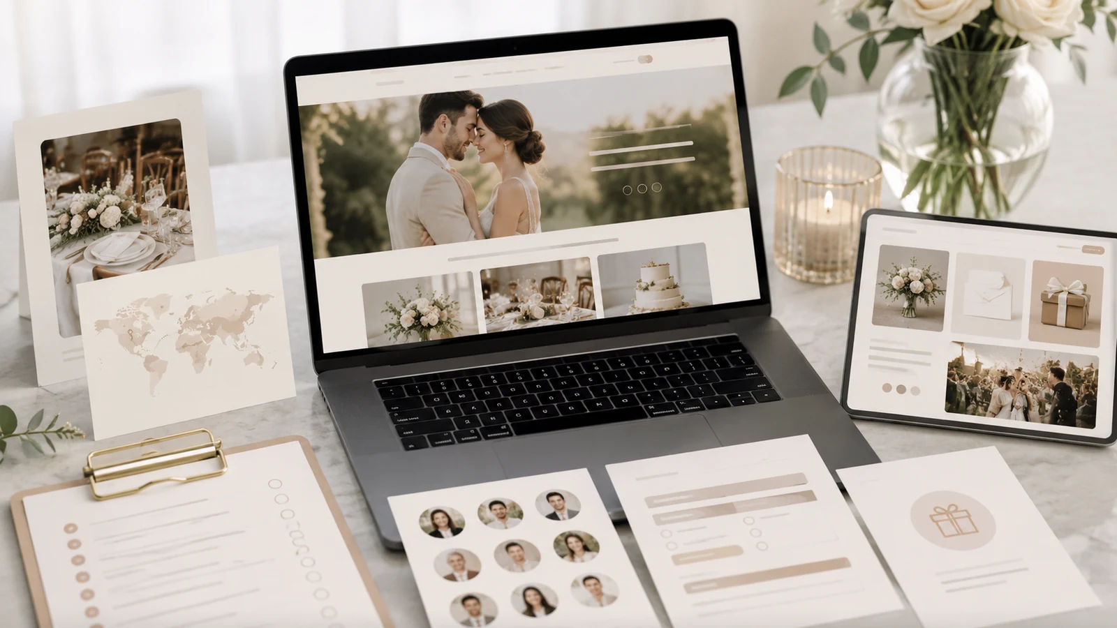 Modern wedding planning workspace with website, RSVP, registry, and guest-list cards on a laptop.