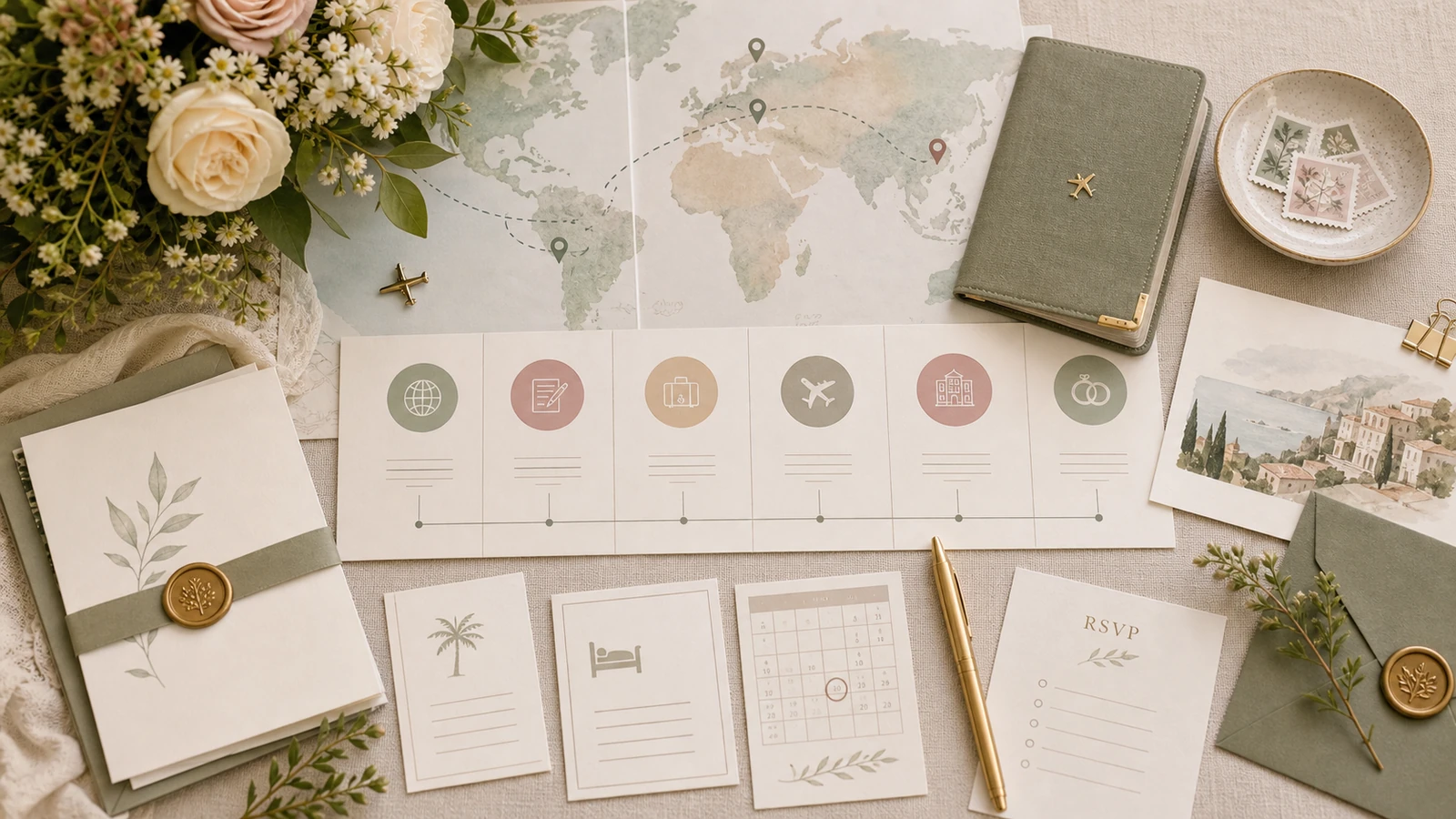 destination wedding RSVP timeline with travel cards and map.