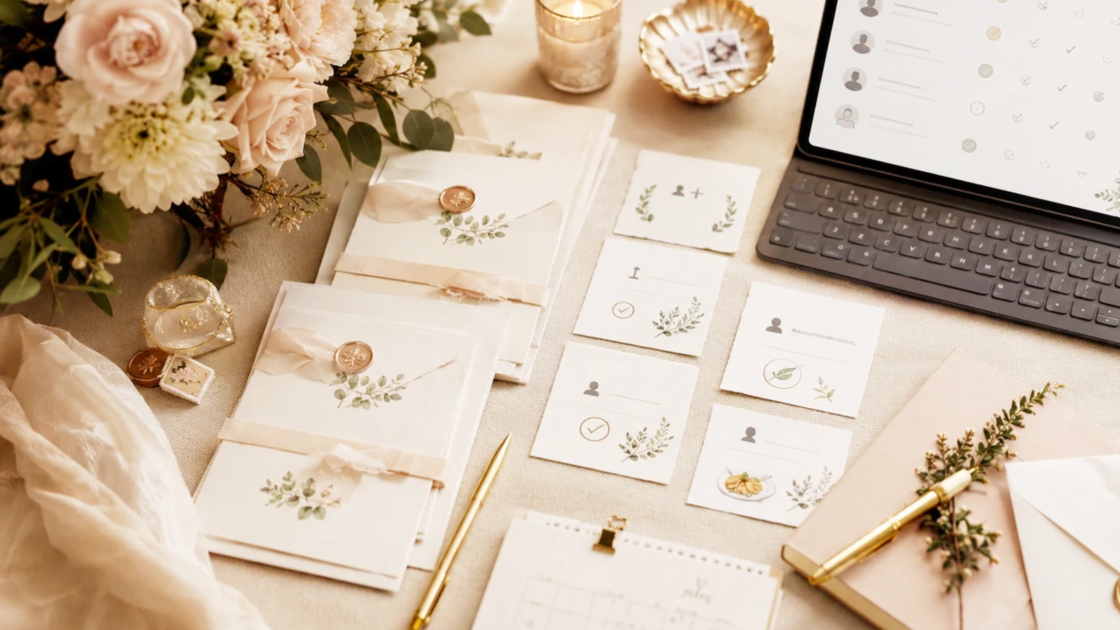 Wedding planning table with guest cards, invitations and a laptop with centralized organization.
