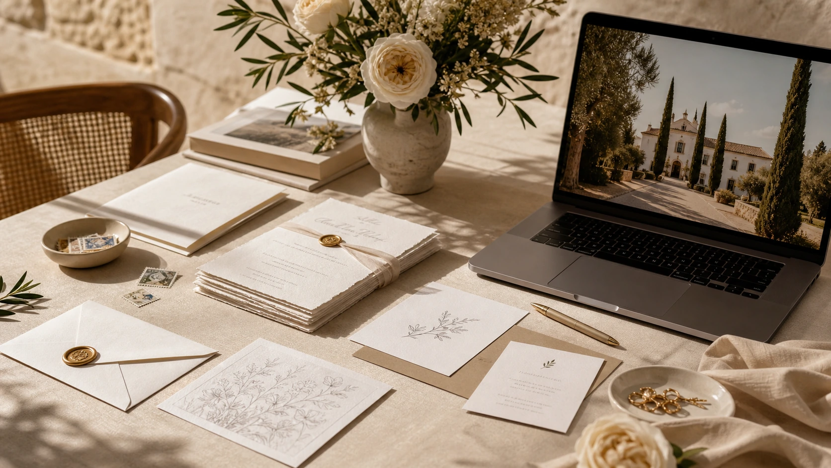 Wedding planning editorial table with invitations, laptop and guest favors in an elegant setting.