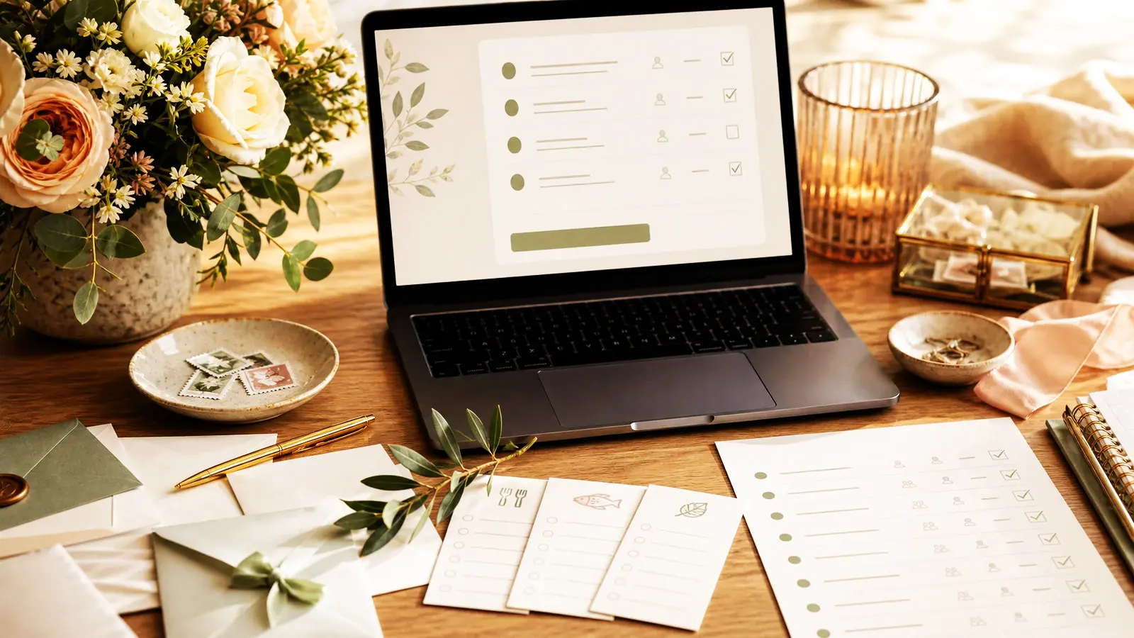 Wedding planning desk with multi-event cards, RSVP checklist, and laptop for a wedding in Spain.