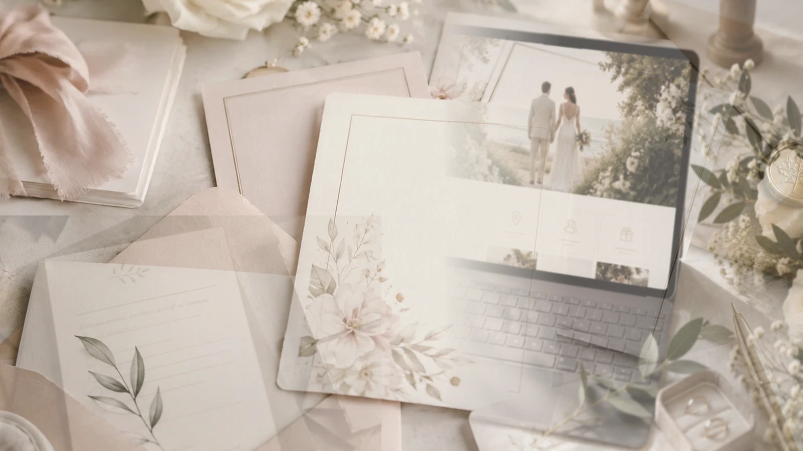Elegant wedding stationery with cards, envelopes and neutral flowers to plan the texts of a wedding website.