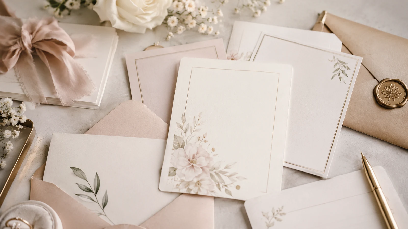 Close-up of premium wedding stationery, invitation inserts, wording draft cards, envelopes, and a pen.