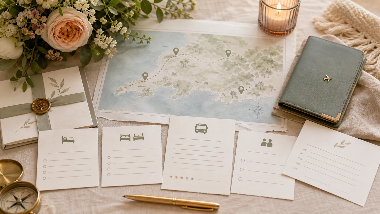 hotel block and shuttle RSVP planning cards with destination map.
