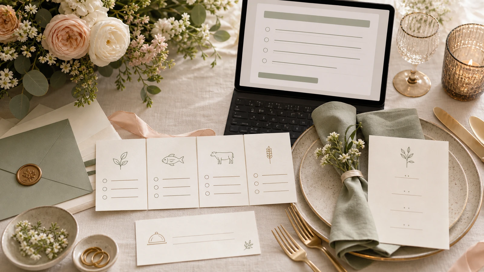 wedding RSVP meal choice cards with dietary restriction notes.