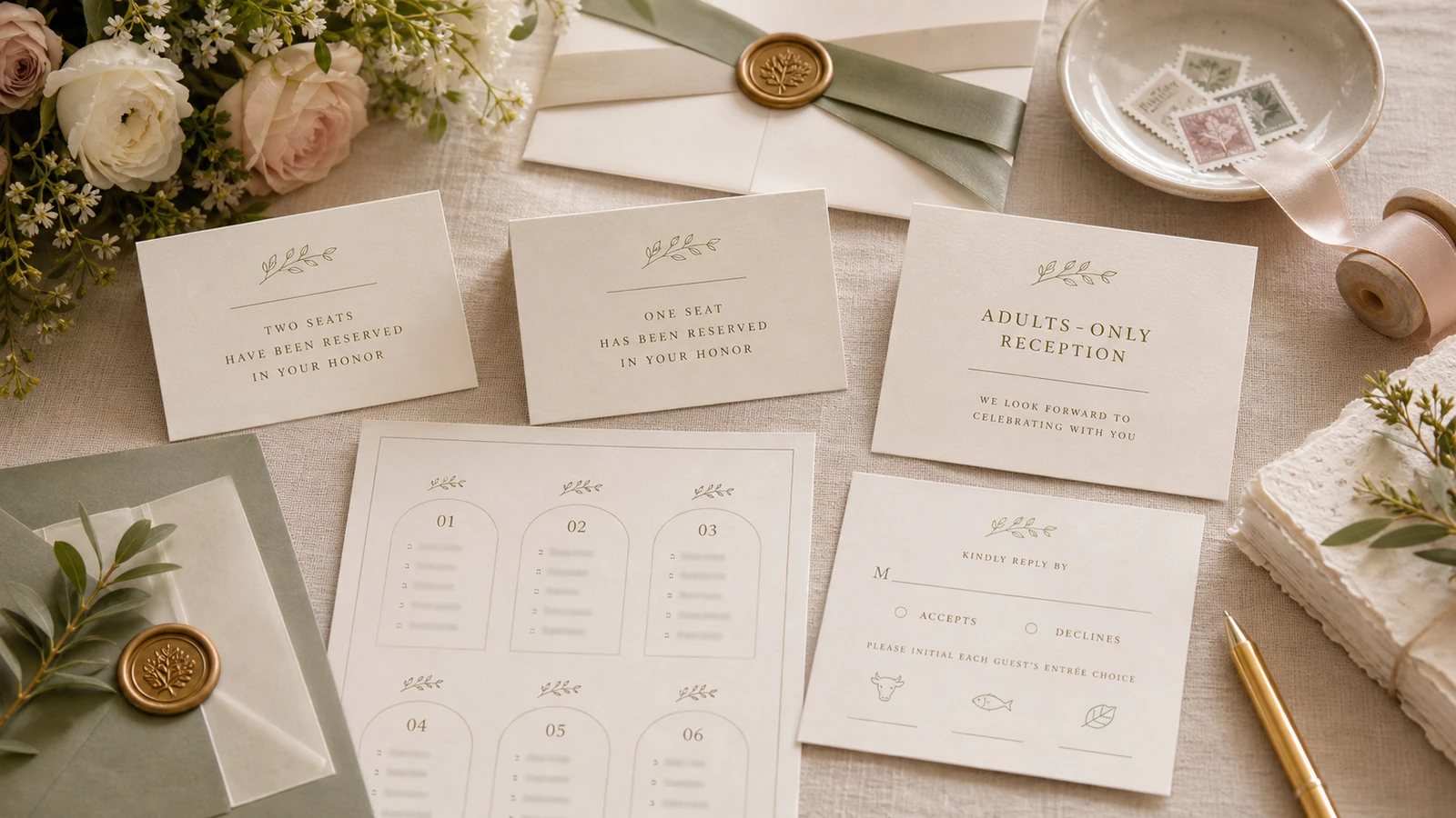 wedding guest cards showing plus-one and adults-only RSVP boundaries.