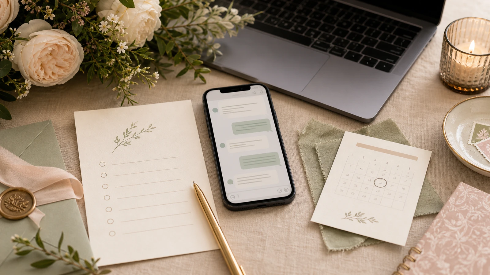 polite RSVP reminder messages on phone and wedding planning cards.