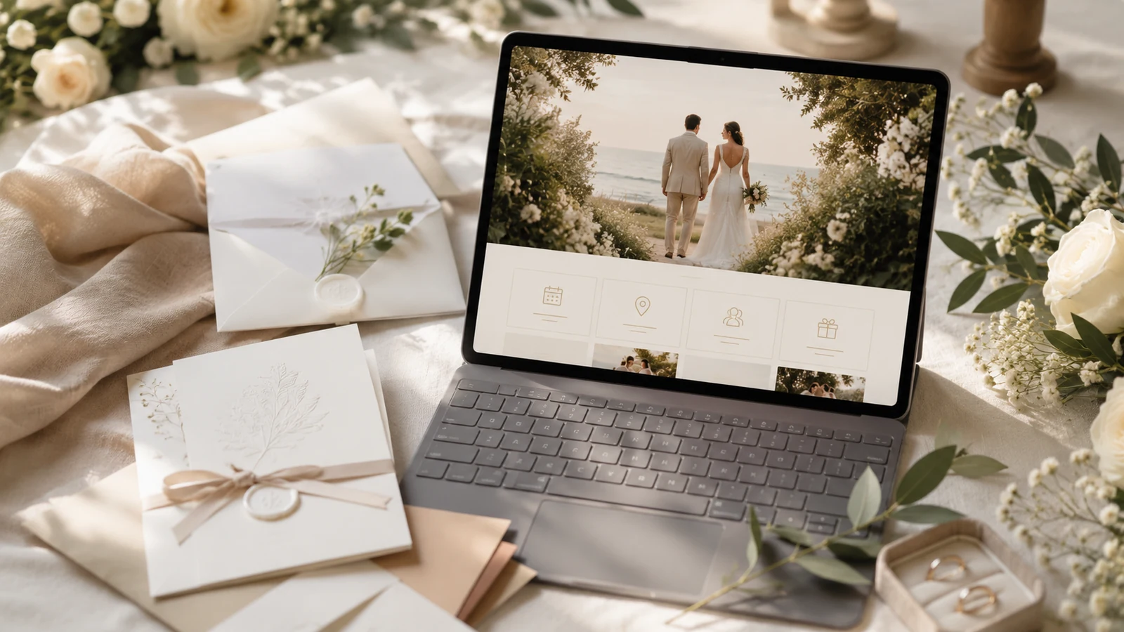 Polished example wedding website concept on a tablet beside premium stationery and floral details.