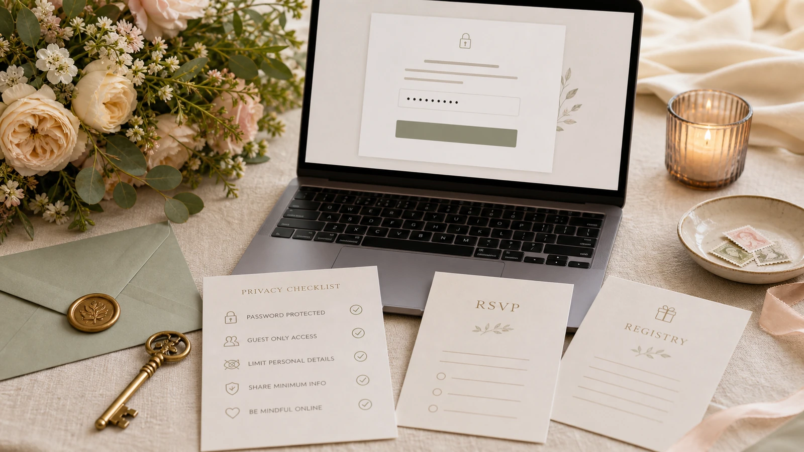 wedding website privacy lock with RSVP and registry cards.