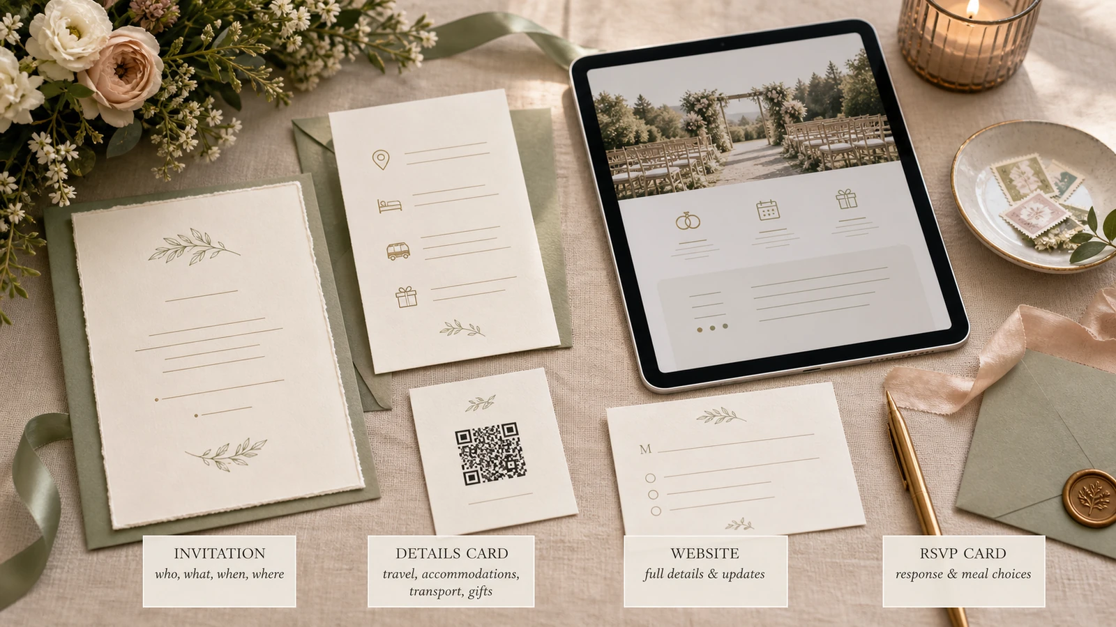 side-by-side wedding invitation, details card, website, and RSVP form.