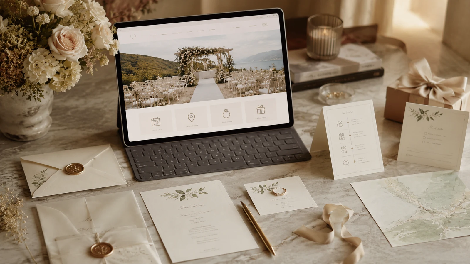 Premium wedding planning desk with a laptop, invitation cards, RSVP note, registry card, and venue details.